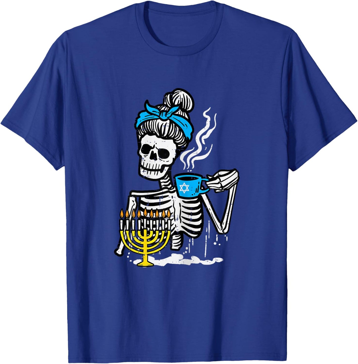 Hanukkah Skeleton Messy Bun Coffee Chanukah Women Girls Kids T-Shirt - T-Shirt | Royal