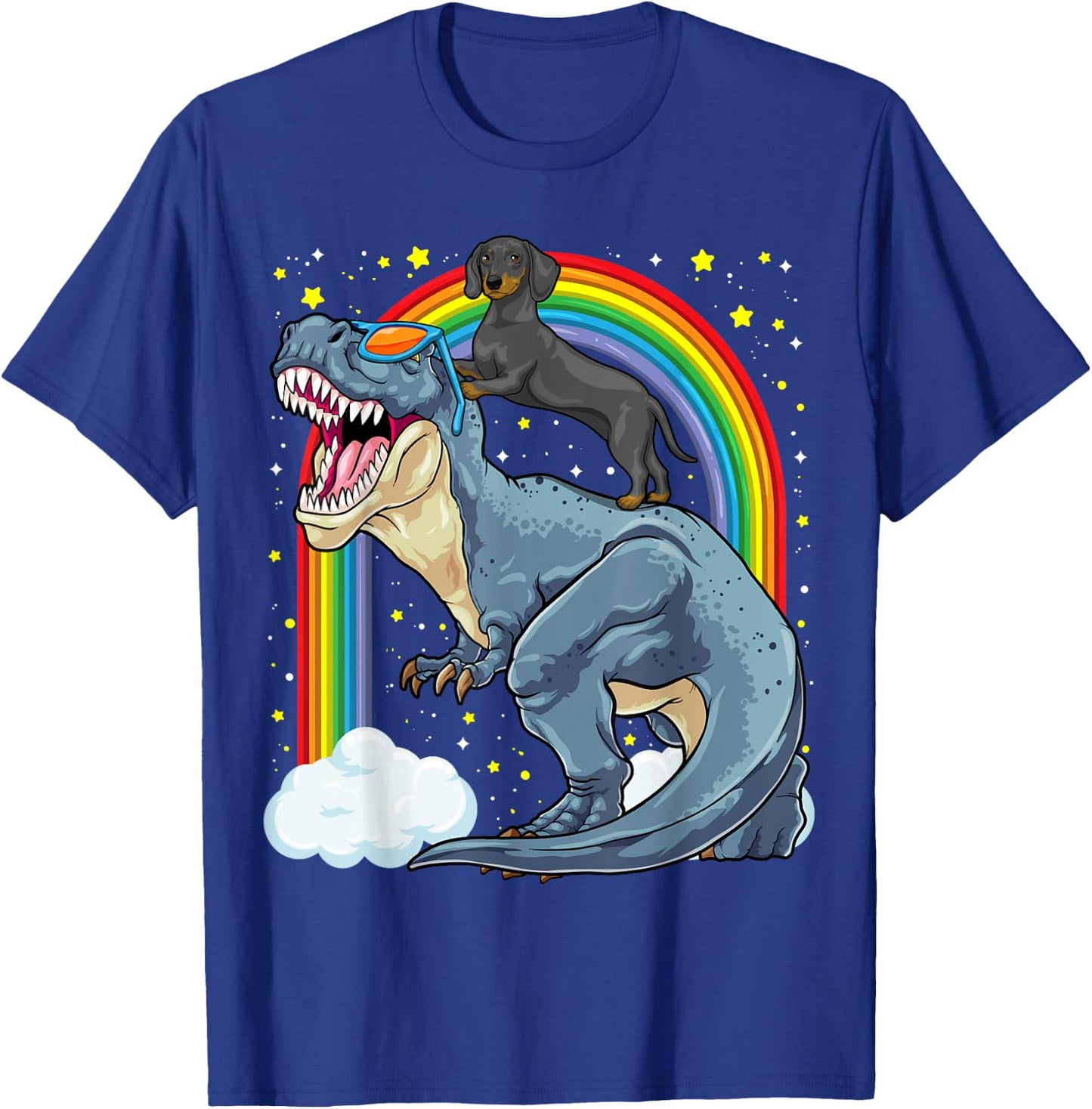 Dachshund Riding Dinosaur T-Rex Dog Rainbow Dino Funny T-Shirt - T-Shirt | Royal