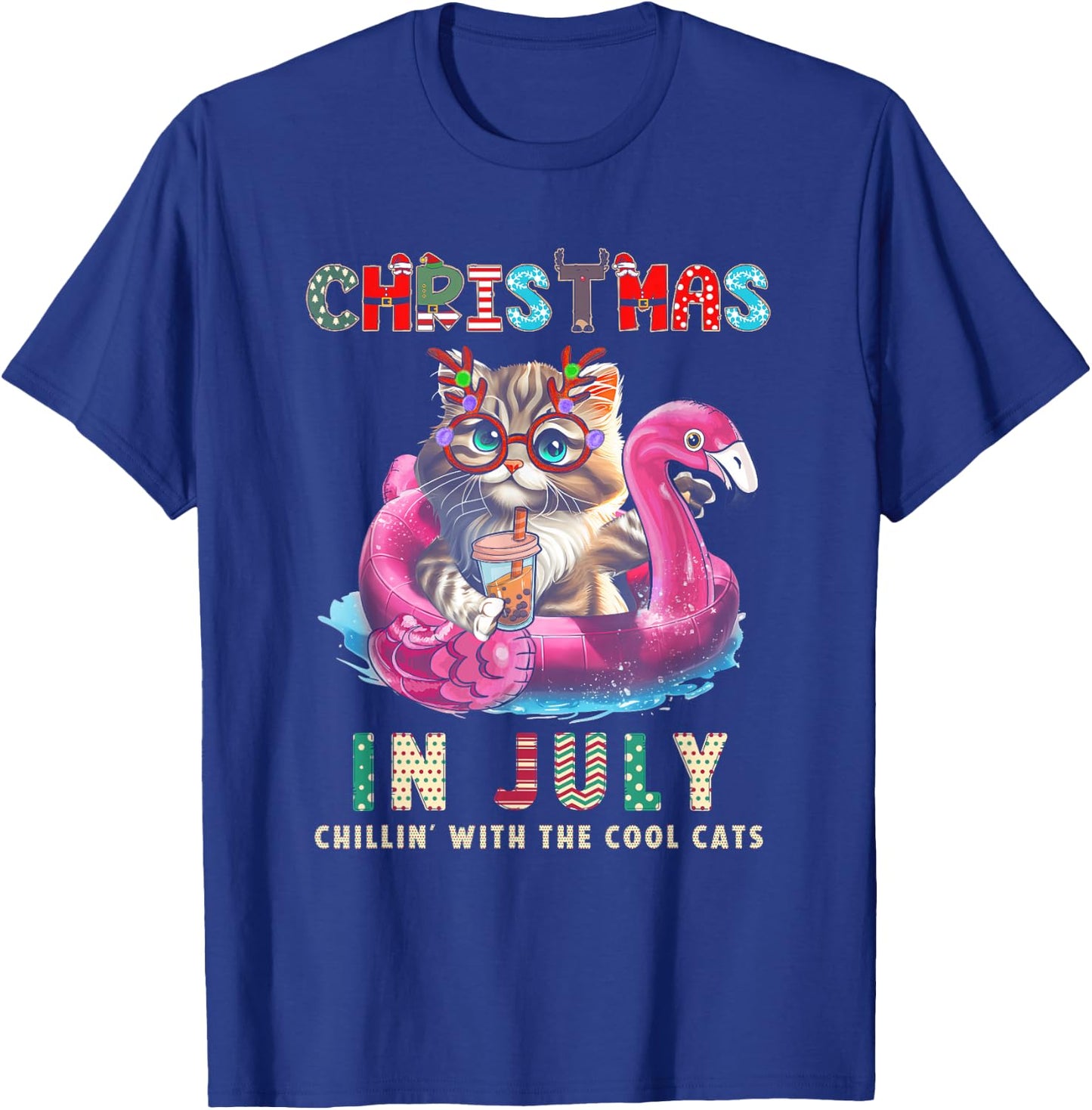 Christmas In July Chillin Cats Flamingo Float Meowy Xmas T-Shirt - T-Shirt | Royal
