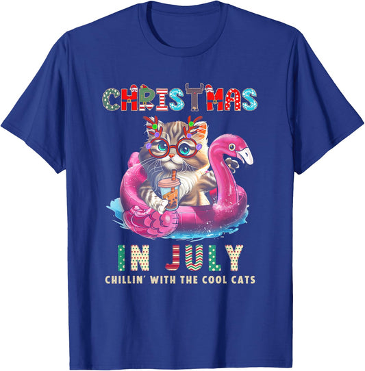 Christmas In July Chillin Cats Flamingo Float Meowy Xmas T-Shirt - T-Shirt | Royal