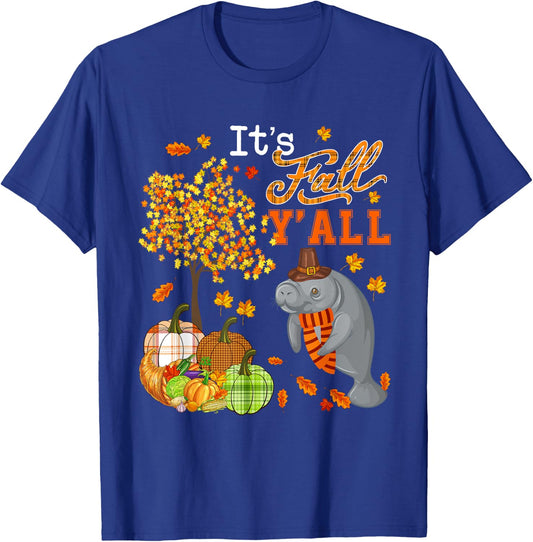 It's Autumn Y'all Thanksgiving Manatee Fall Tree Pumpkins T-Shirt - T-Shirt | Royal