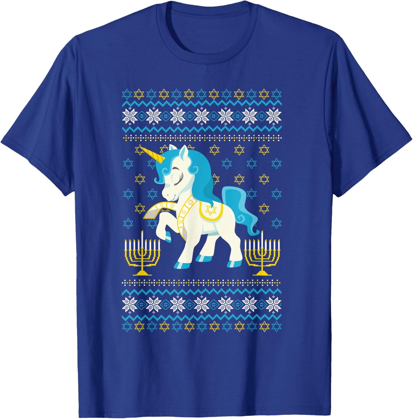 Ugly Hanukkah Sweater Unicorn Jewish Star Christmas Menorah T-Shirt - T-Shirt | Royal