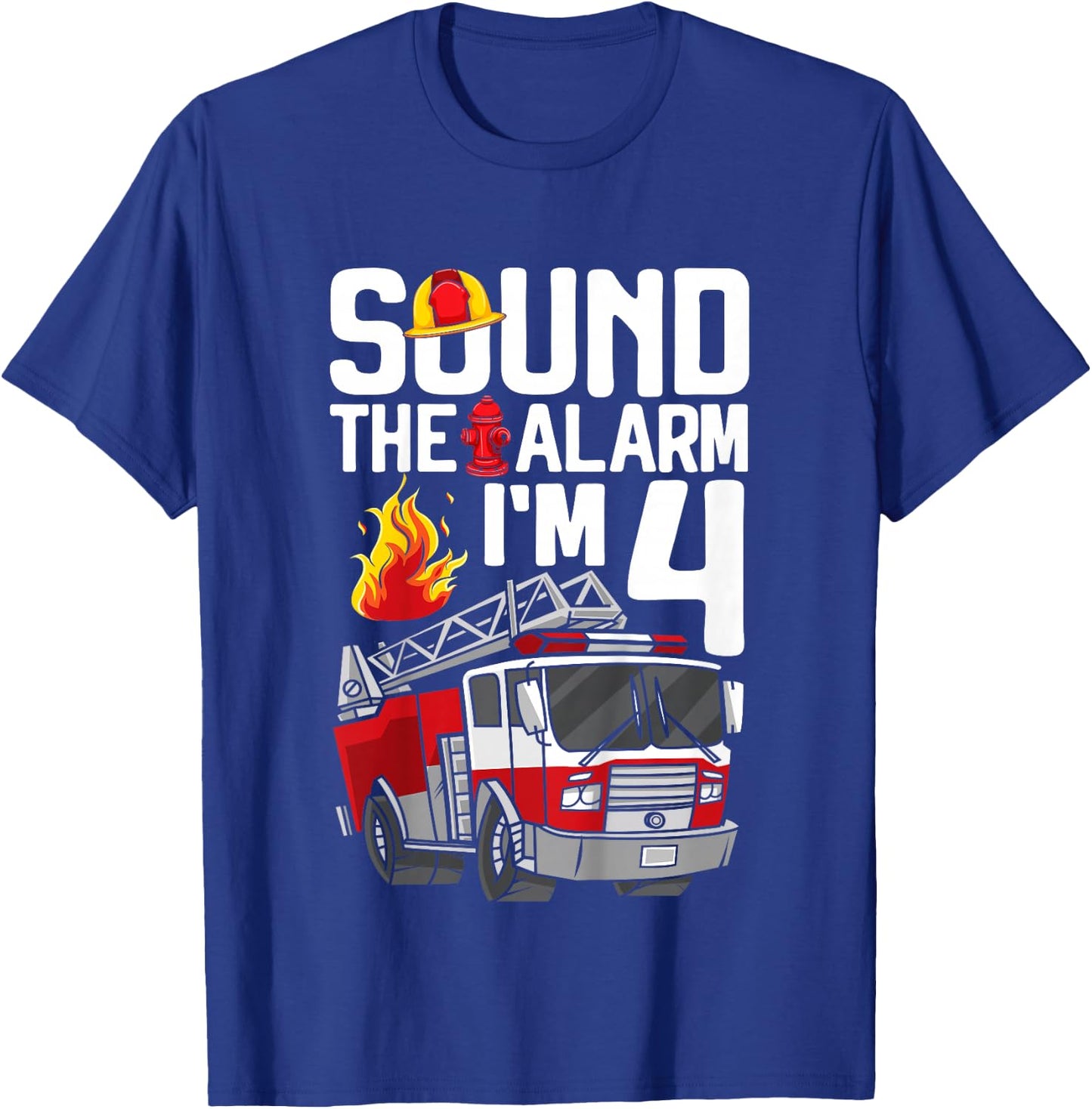Kids 4 Year Old Firefighter 4th Birthday Boy Fire Truck 4yr T-Shirt - T-Shirt | Royal