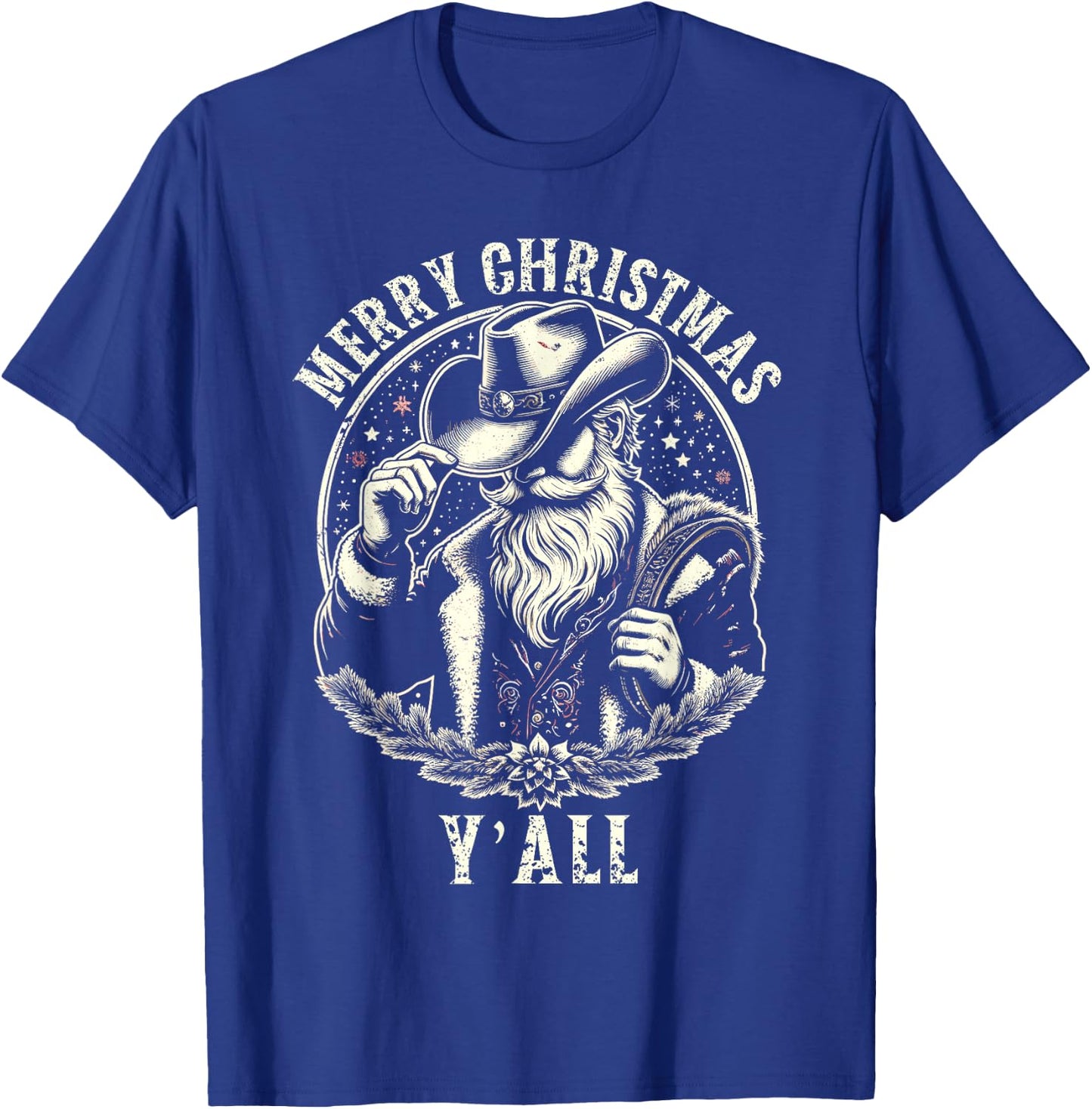 Cowboy Santa Claus Merry Christmas Y'all Western Country T-Shirt - T-Shirt | Royal