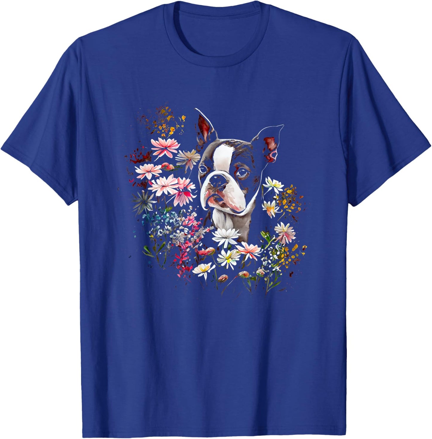 Watercolor Boston Terrier with flowers - Bostie T-Shirt - T-Shirt | Royal