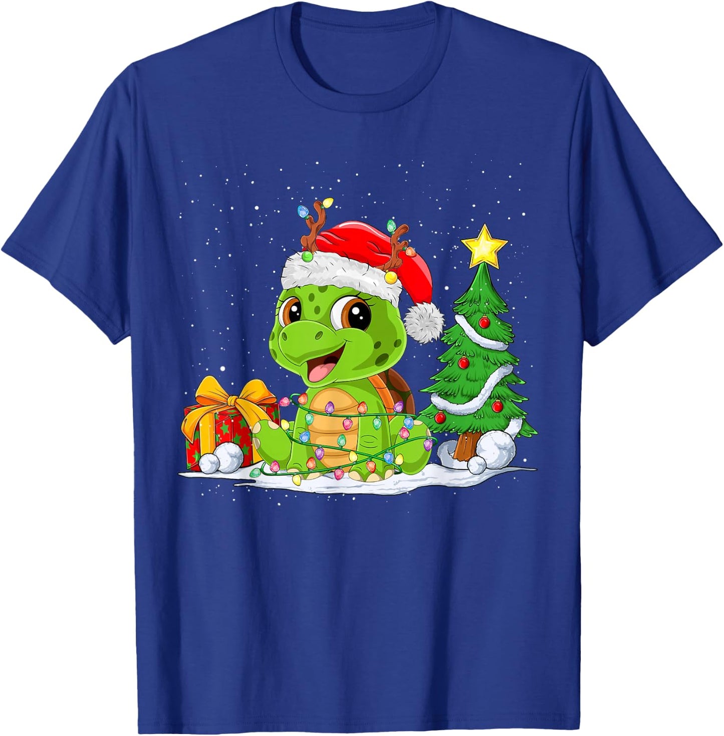 Cute Turtle Santa Christmas Tree Lights Xmas Pajama Turtle T-Shirt - T-Shirt | Royal