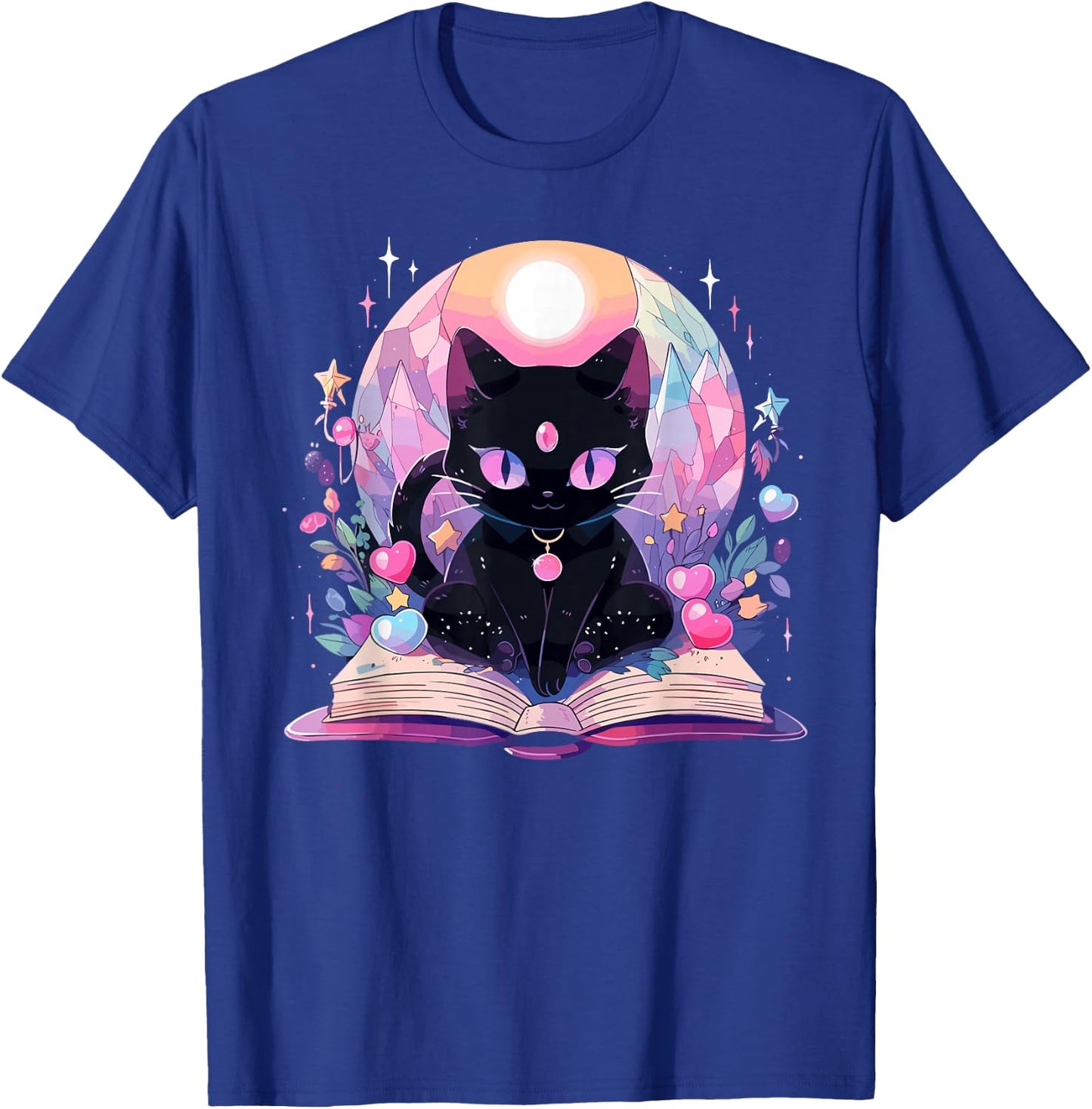 Book Lover Crystal Witchy Cute Black Cat Kawaii Pastel Goth T-Shirt - T-Shirt | Royal