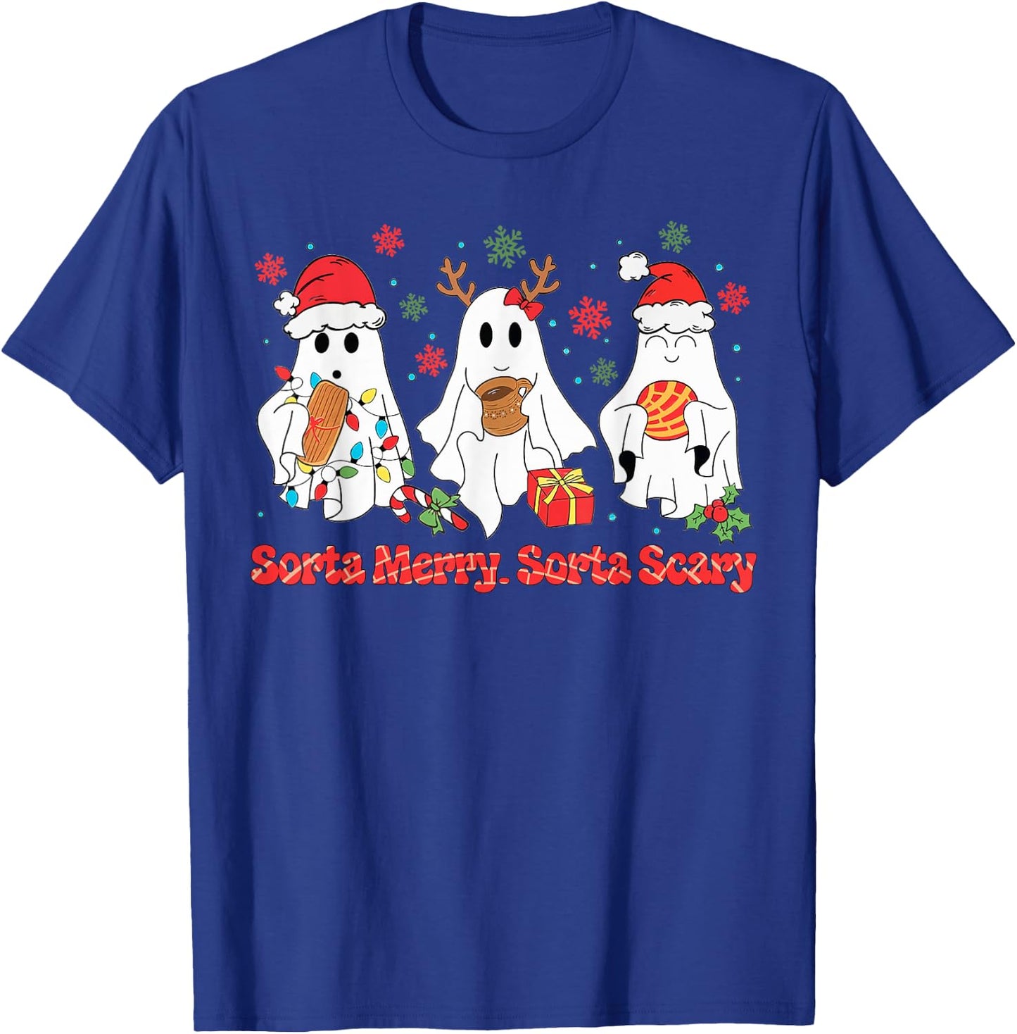 Funny Christmas Sorta Merry Sorta Scary Ghost Xmas Lights PJ T-Shirt - T-Shirt | Royal