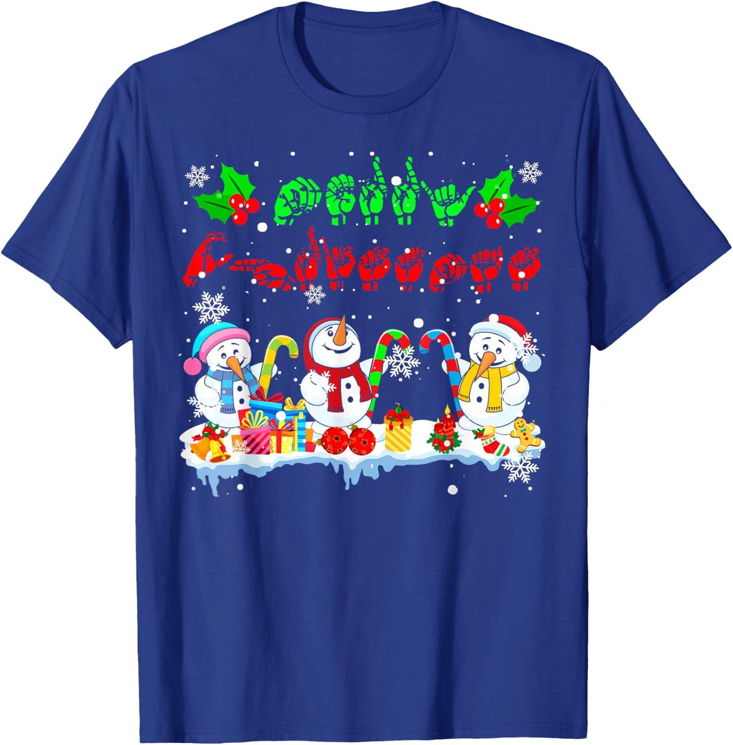 Merry Christmas Cute Three Snowmans ASL Sign Language Family T-Shirt - T-Shirt | Royal