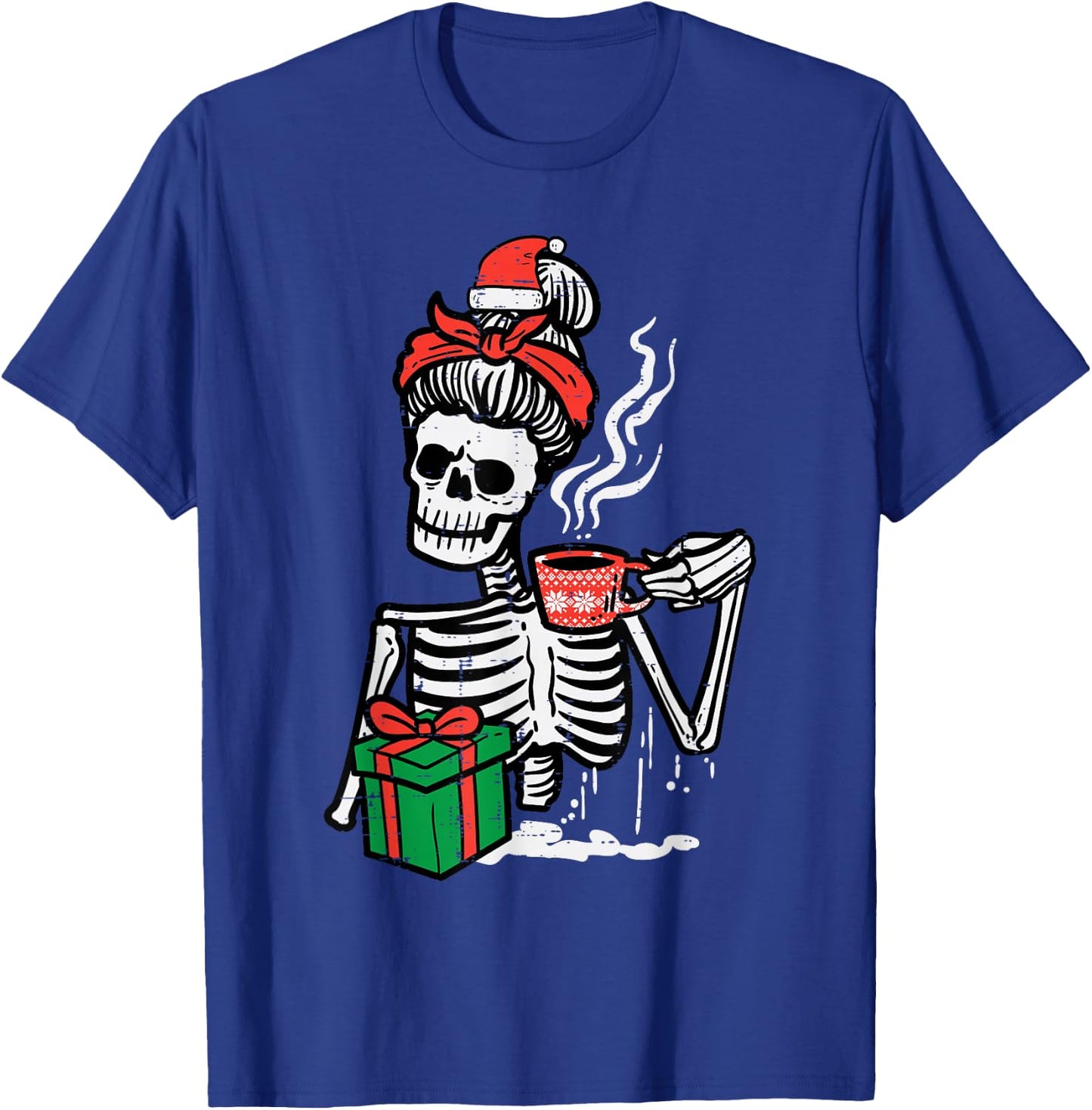 Christmas Skeleton Messy Bun Coffee Xmas Mom Women Girls T-Shirt - T-Shirt | Royal