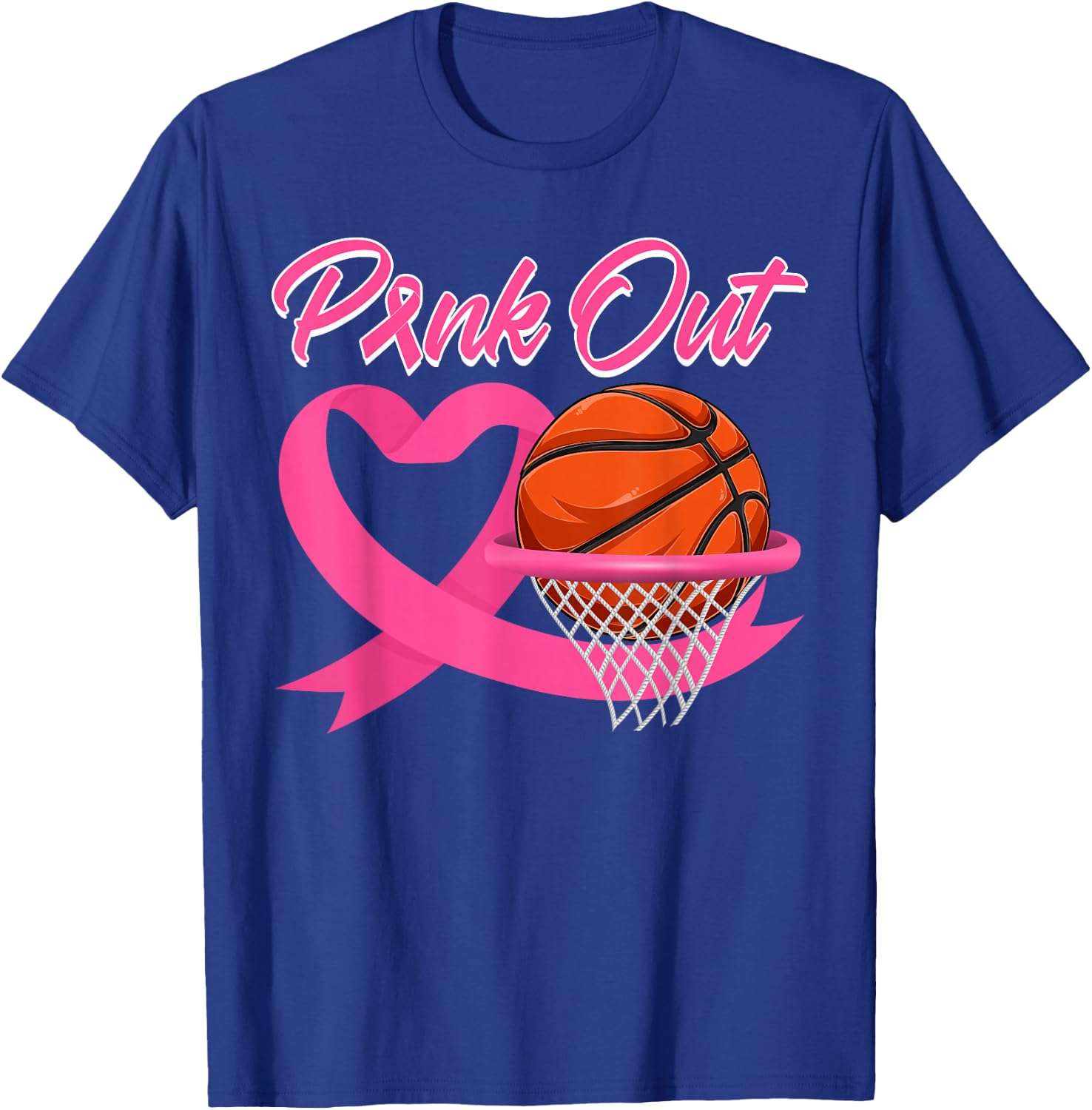 Pink Out Breast Cancer Pink Ribbon Heart & Basketball Ball T-Shirt - T-Shirt | Royal