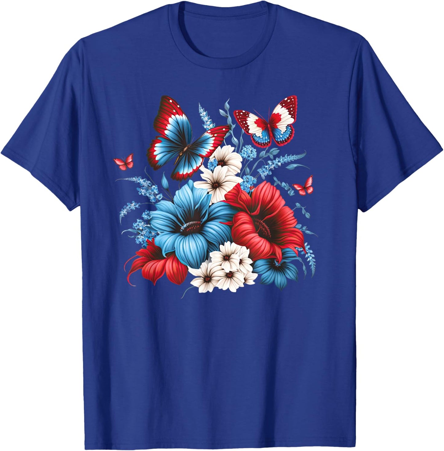 Butterfly Flowers - Red White and Blue 4th of July Patriotic T-Shirt - T-Shirt | Royal