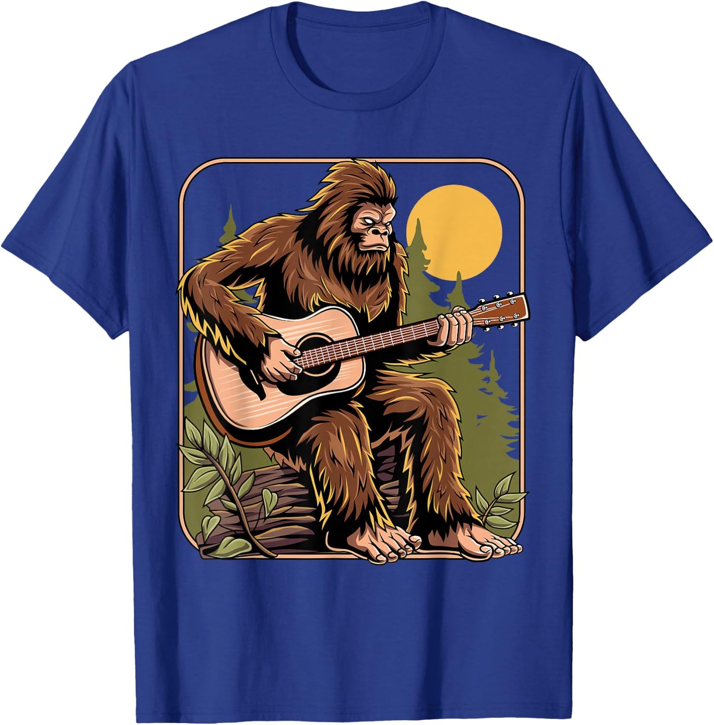 Retro Bigfoot Sasquatch Playing Acoustic Guitar Guitarist T-Shirt - T-Shirt | Royal