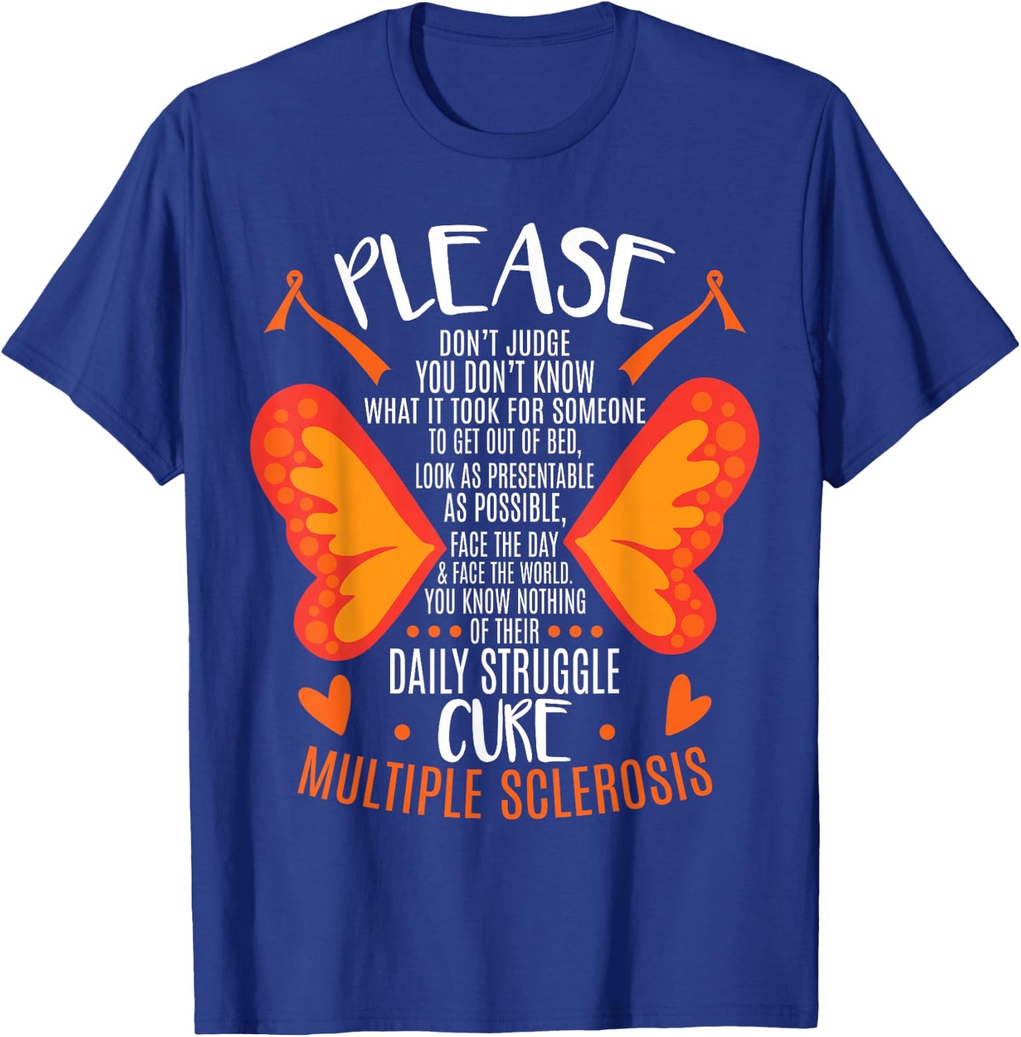 MS Multiple Sclerosis Awareness Orange Ribbon MS Awareness - -Adults - Black - Short Sleeve - Small - Classic Fit - Cotton 60%, Polyester 40% T-Shirt - T-Shirt | Royal
