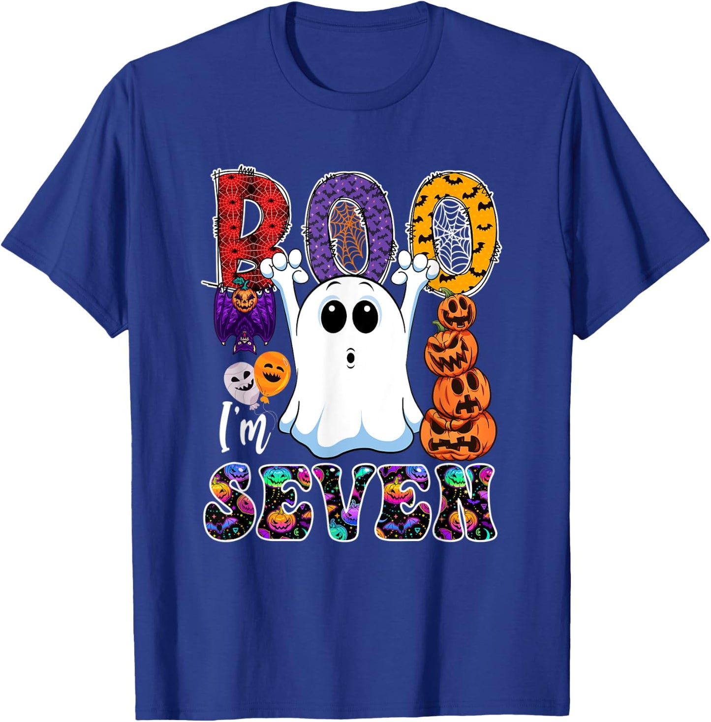 Boo I'm Seven Cute Boo Ghost Halloween 7th Birthday Family T-Shirt - T-Shirt | Royal