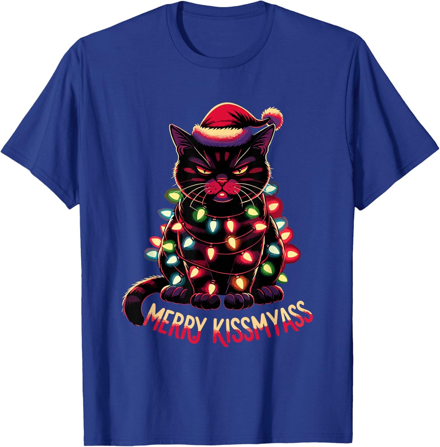 Merry Kissmyass Funny Black Cat Christmas Lights Santa Hat T-Shirt - T-Shirt | Royal