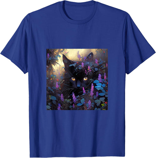 Black Adorable Cat Purple Spring Flowers Women