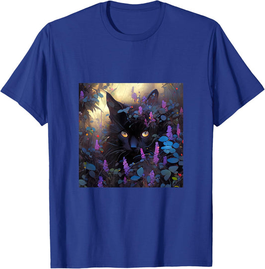 Black Adorable Cat Purple Spring Flowers Women T-Shirt - T-Shirt | Royal