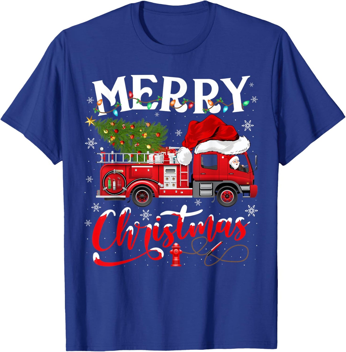 Fire Truck Xmas Tree Fireman Firefighter Merry Christmas T-Shirt - T-Shirt | Royal