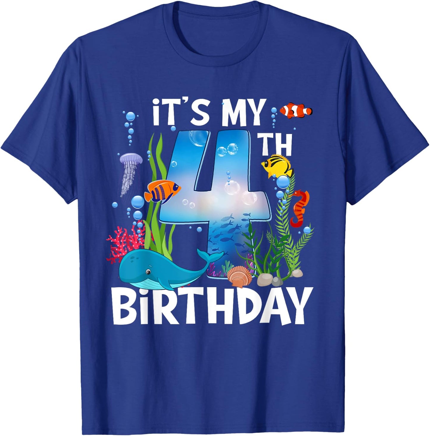 Kids 4 Year Old Ocean Life Whale Dolphin Shark 4th Birthday T-Shirt - T-Shirt | Royal