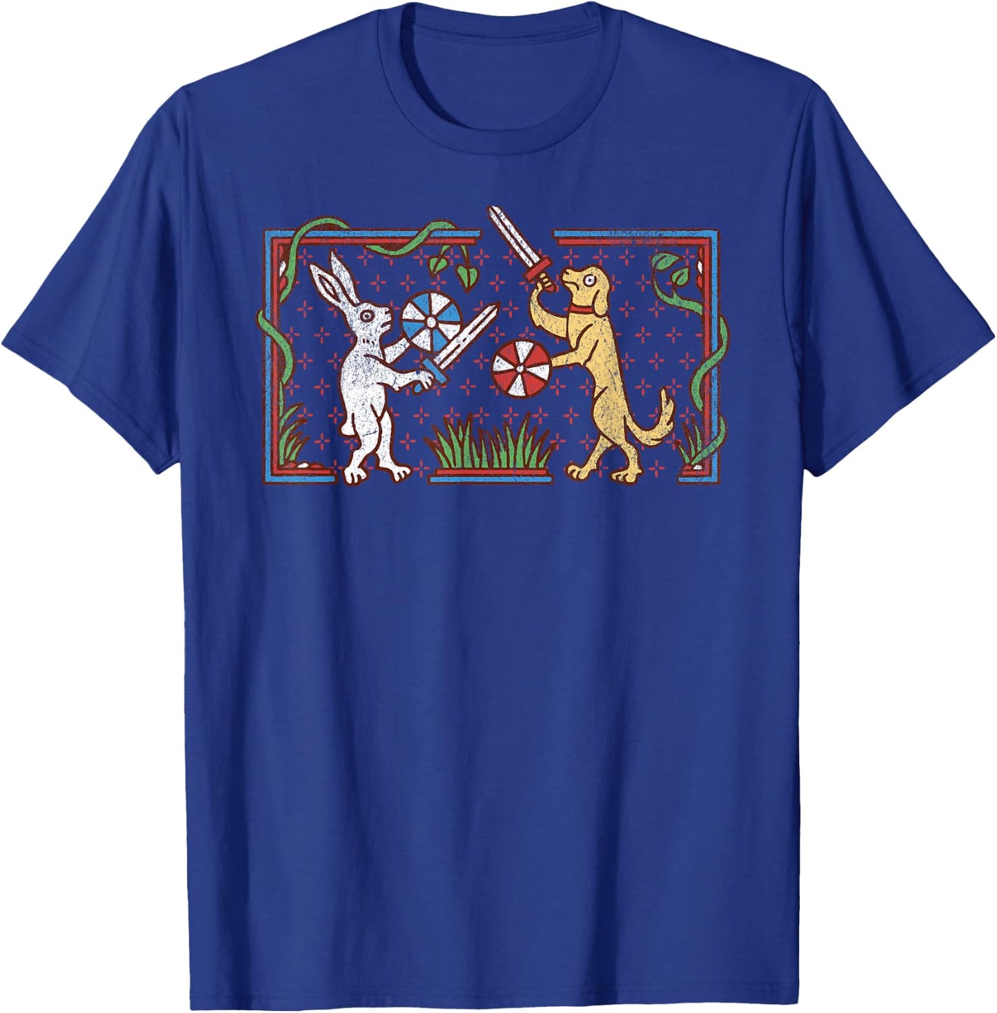 Medieval Rabbit & Dog Sword Fighting Cute Vintage Retro Men Women Girls Kids T-Shirt - T-Shirt | Royal