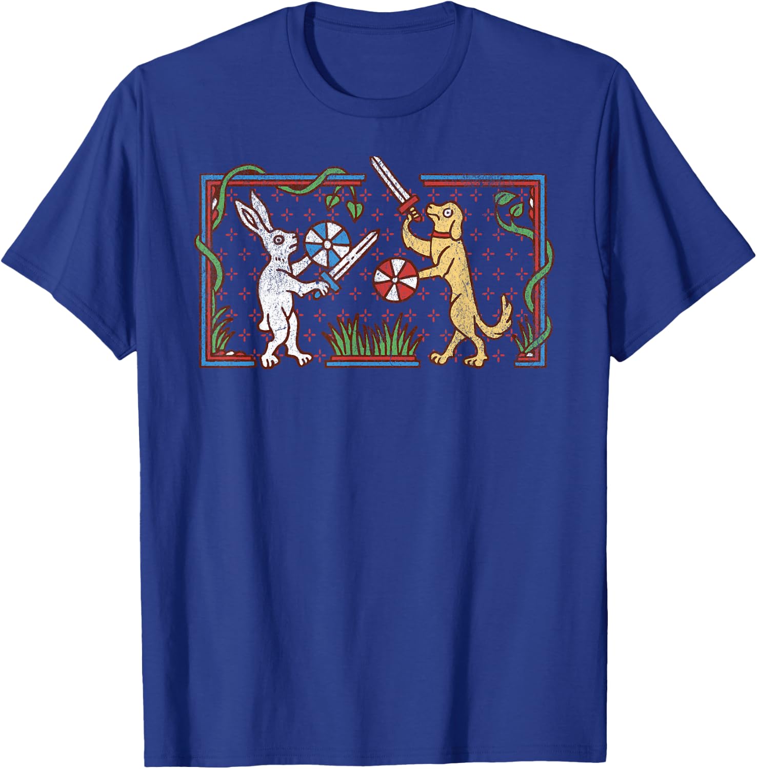 Medieval Rabbit & Dog Sword Fighting Cute Vintage Retro Men Women Girls Kids T-Shirt - T-Shirt | Royal