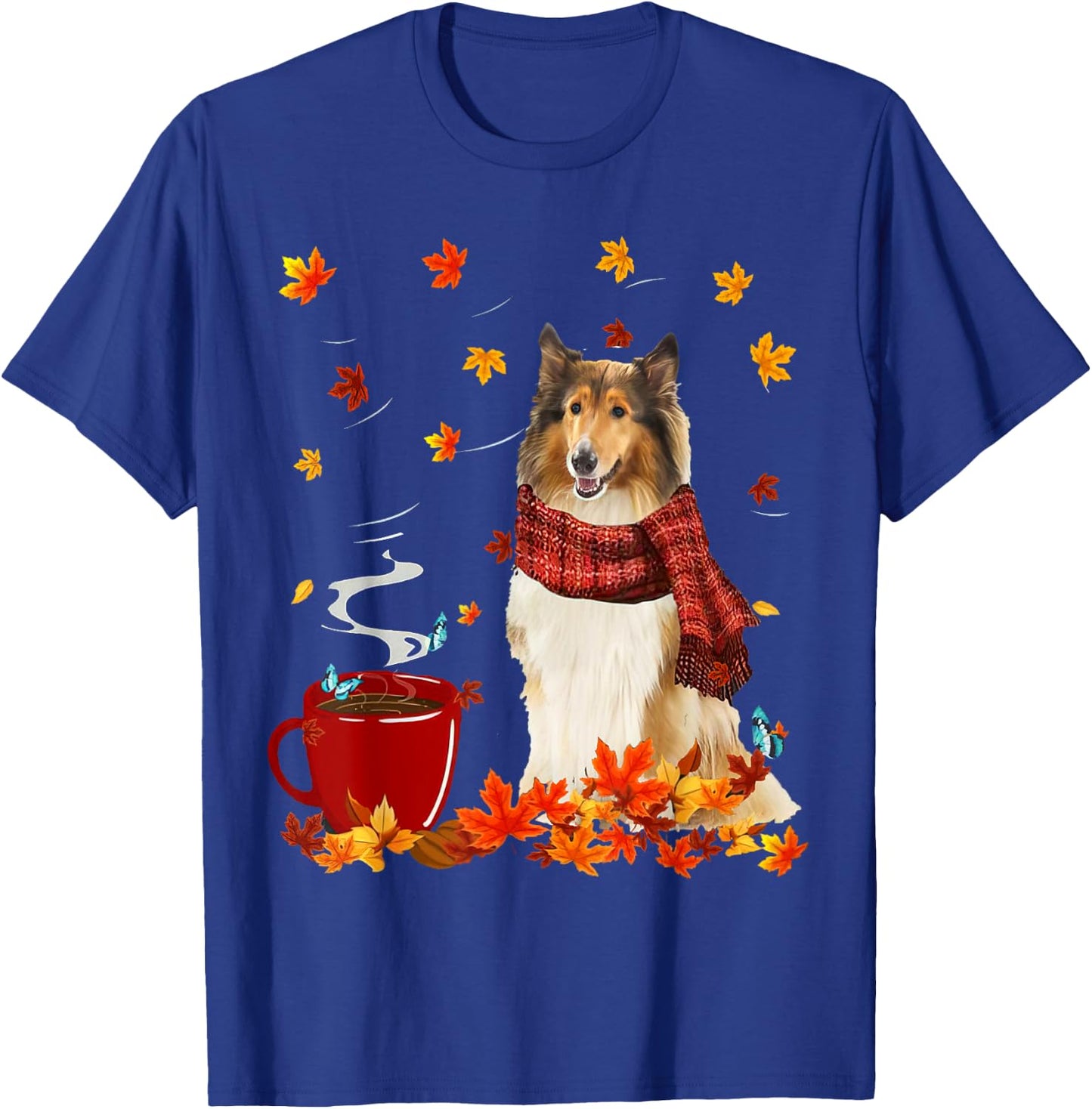 Rough Collie Fall Red Scarf Autumn Leaf For Dog Lover T-Shirt - T-Shirt | Royal