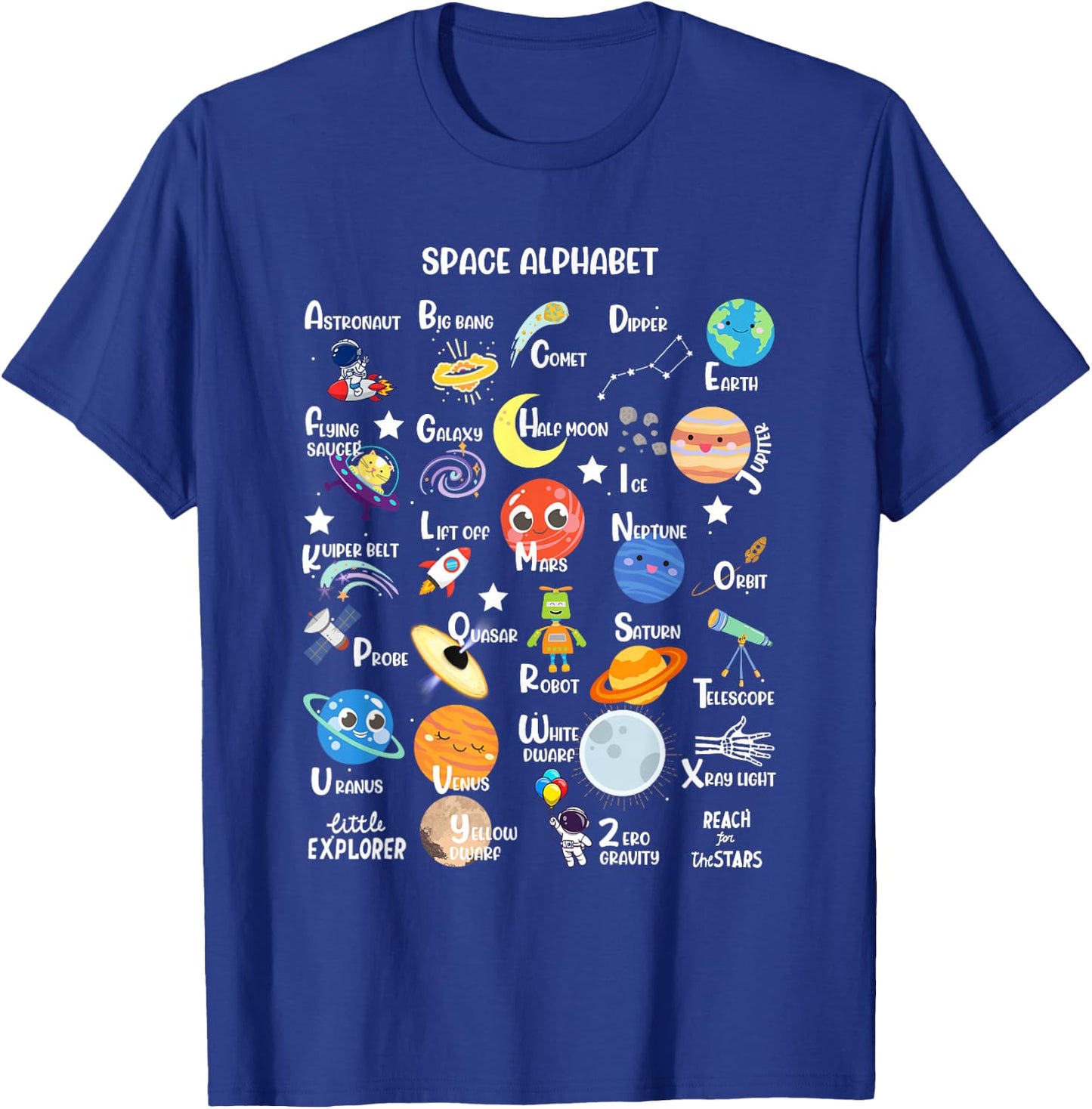 Space Alphabet A-Z ABC of Outer Space STEM Kids T-Shirt - T-Shirt | Royal