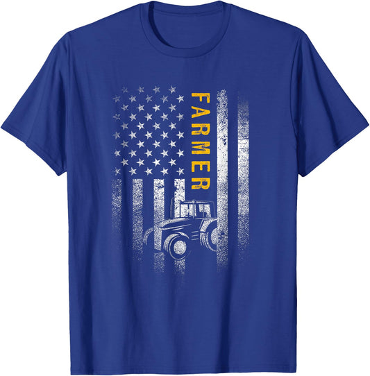 Tractor American USA Flag Funny Farmer Rancher Gifts Farming Women Men T-Shirt - T-Shirt | Royal