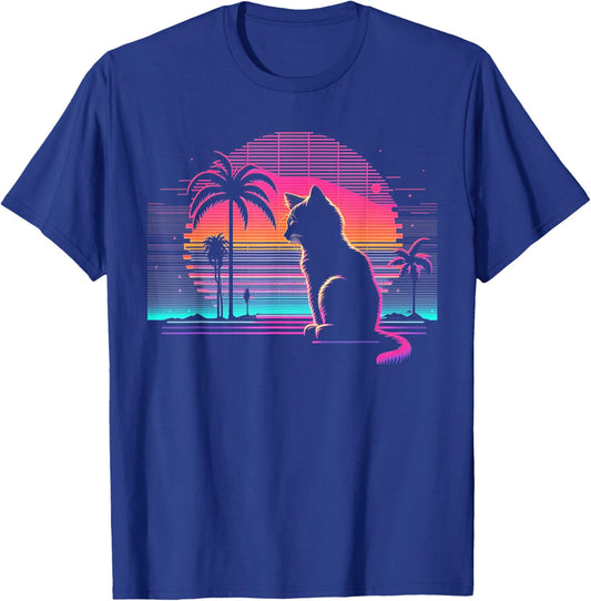 Cat Vaporwave Retrowave Aesthetic Synthwave 80s Palm Tree T-Shirt - T-Shirt | Royal