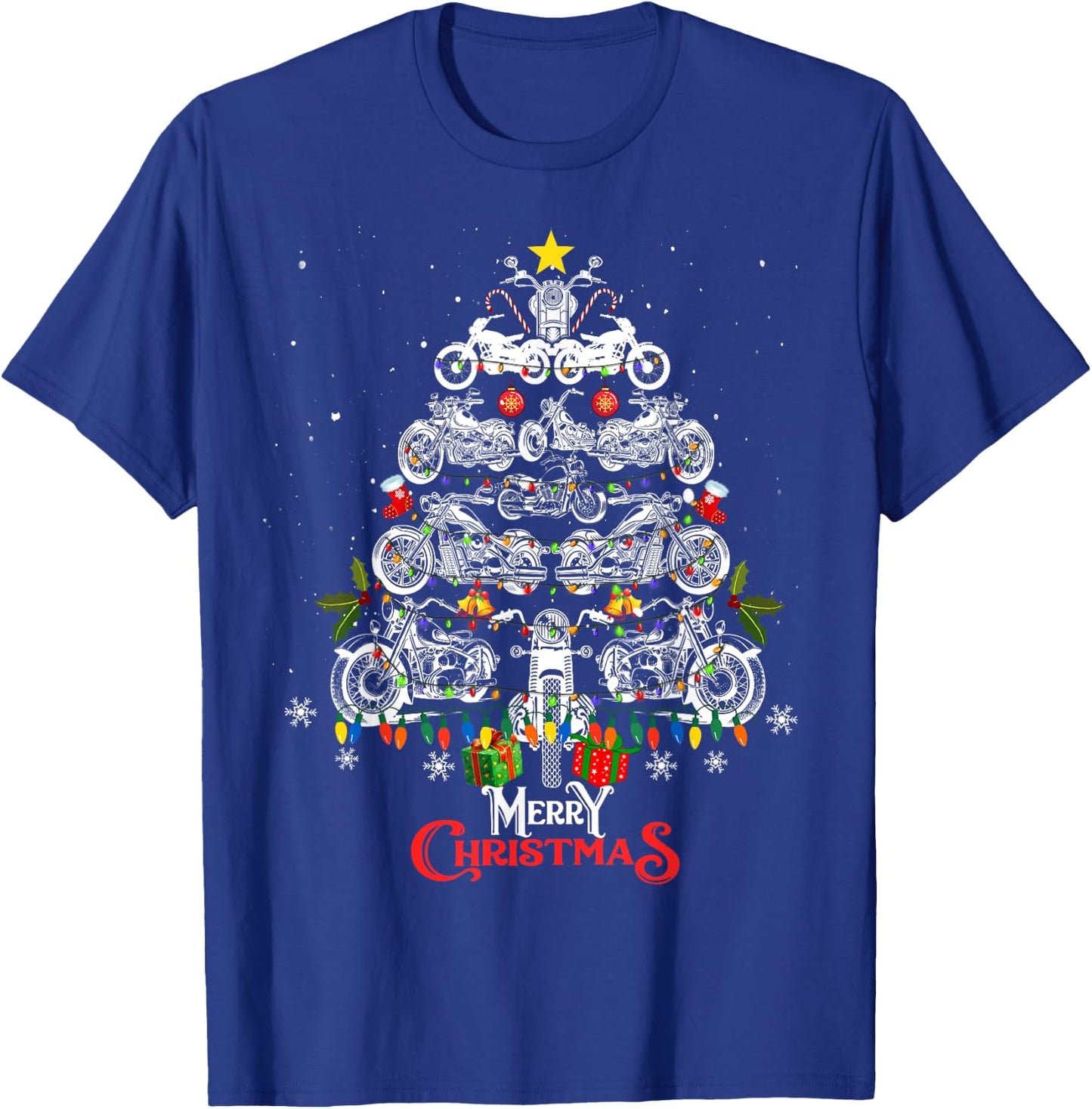 Merry Christmas Motorcycle Tree Christmas Lights Biker Xmas T-Shirt - T-Shirt | Royal
