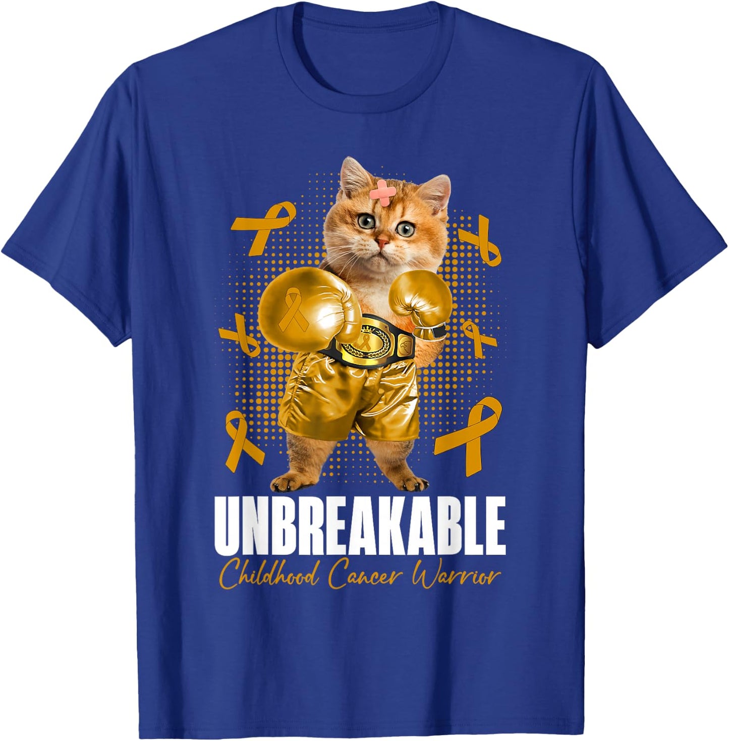 Unbreakable Childhood Cancer Awareness Fighter Cat Boxing T-Shirt - T-Shirt | Royal