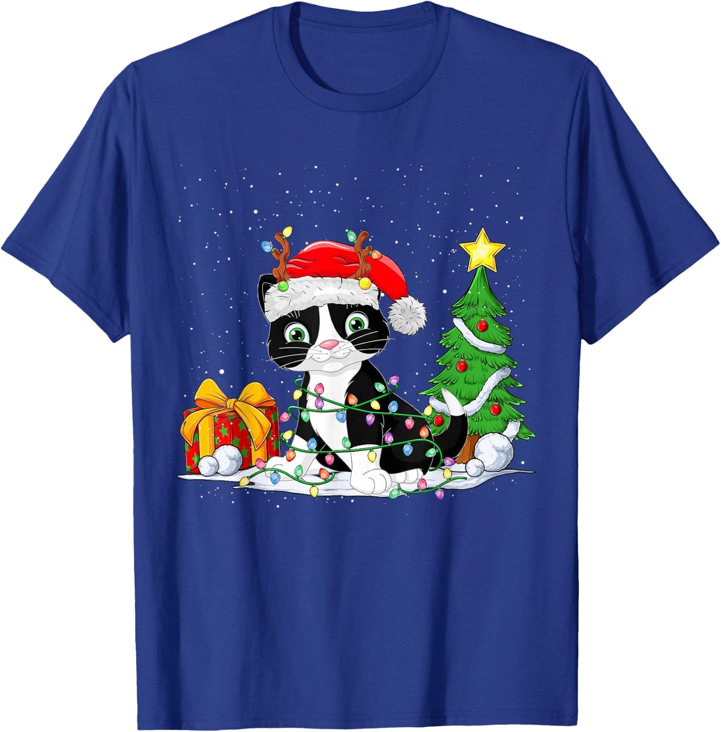 Cute Tuxedo Cat Santa Christmas Tree Lights Xmas Tuxedo Cat T-Shirt - T-Shirt | Royal