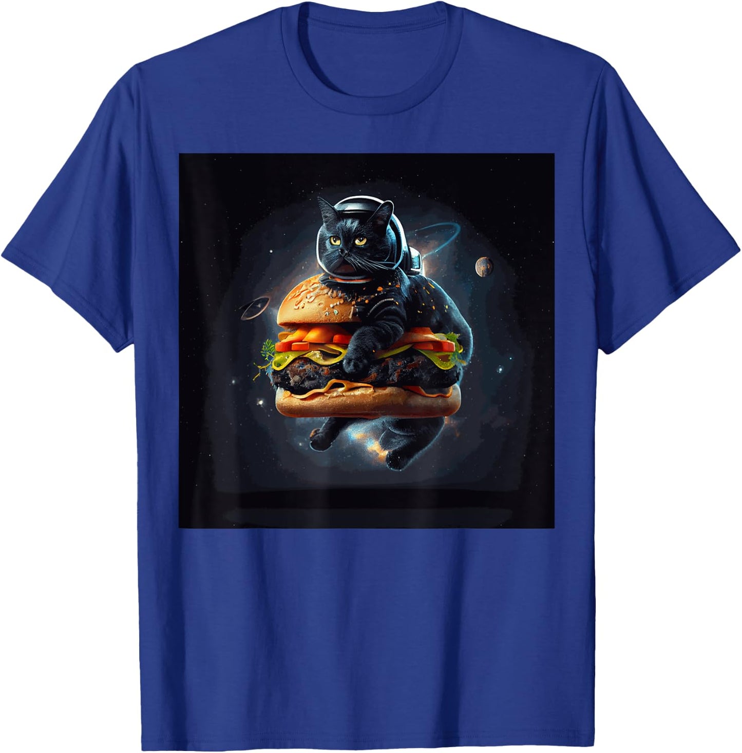 Funny Black Cat Astronaut Hamburger For Kids, Women, Men T-Shirt - T-Shirt | Royal