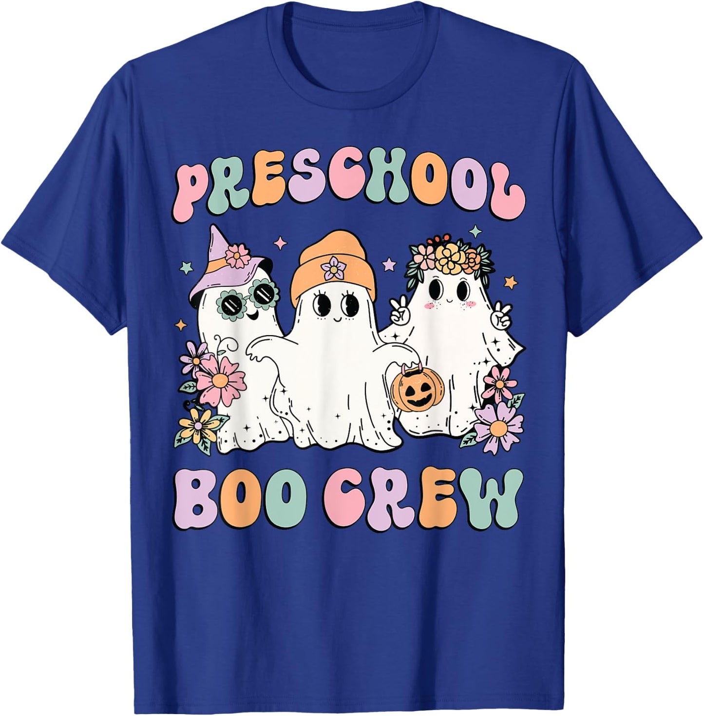 Preschool Boo Crew Groovy Halloween Floral Ghost Teacher Men Women Kids T-Shirt - T-Shirt | Royal
