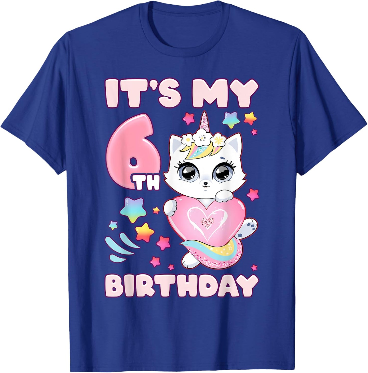Birthday girl 6 years old, cat, unicorn, 6th birthday T-Shirt - T-Shirt | Royal