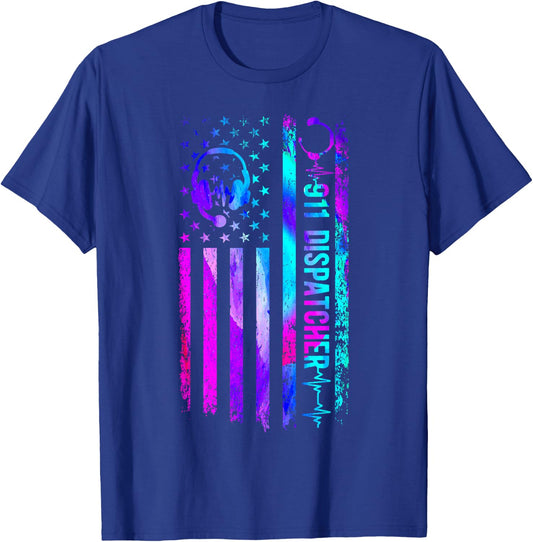 911 Dispatcher Thin Gold Yellow Line American Flag 911 T-Shirt - T-Shirt | Royal