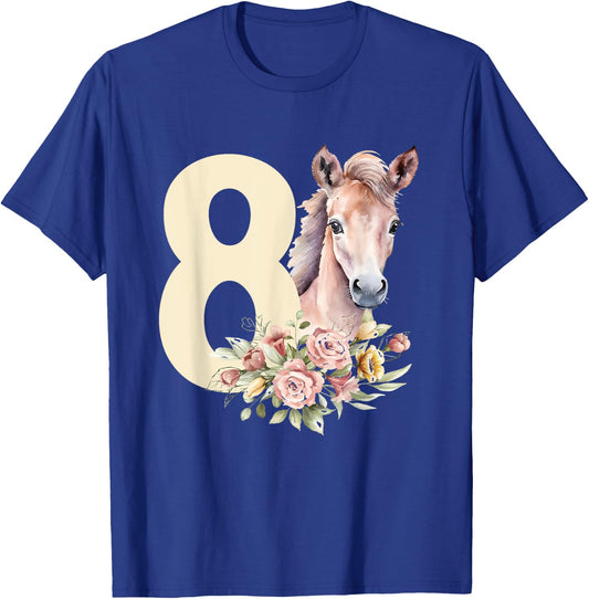 8th Horse Birthday Eight Year Old Girl Horse Lover Birthday T-Shirt - T-Shirt | Royal