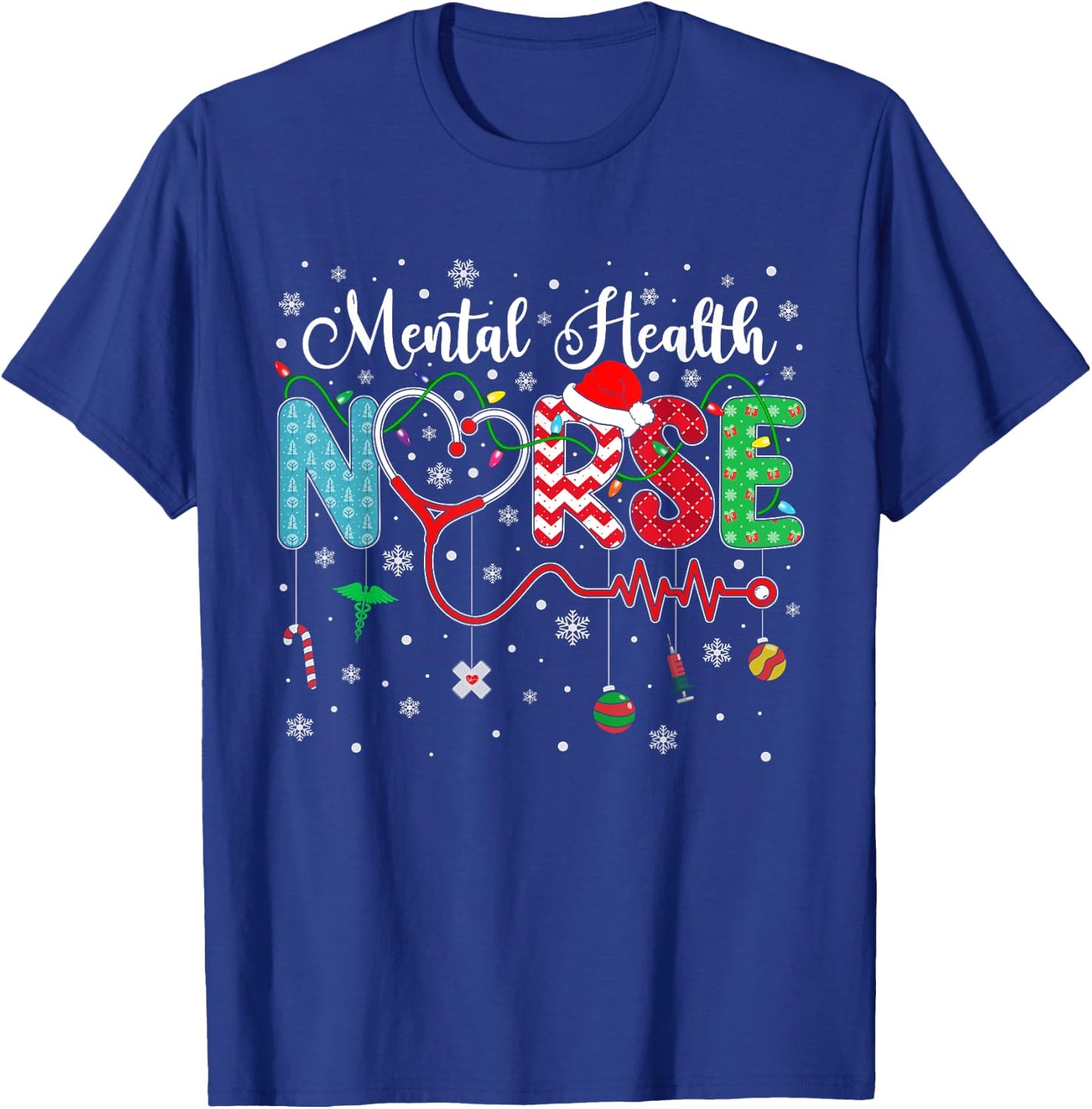 Merry Christmas Nurse Mental Health Nurse Christmas Pattern T-Shirt - T-Shirt | Royal