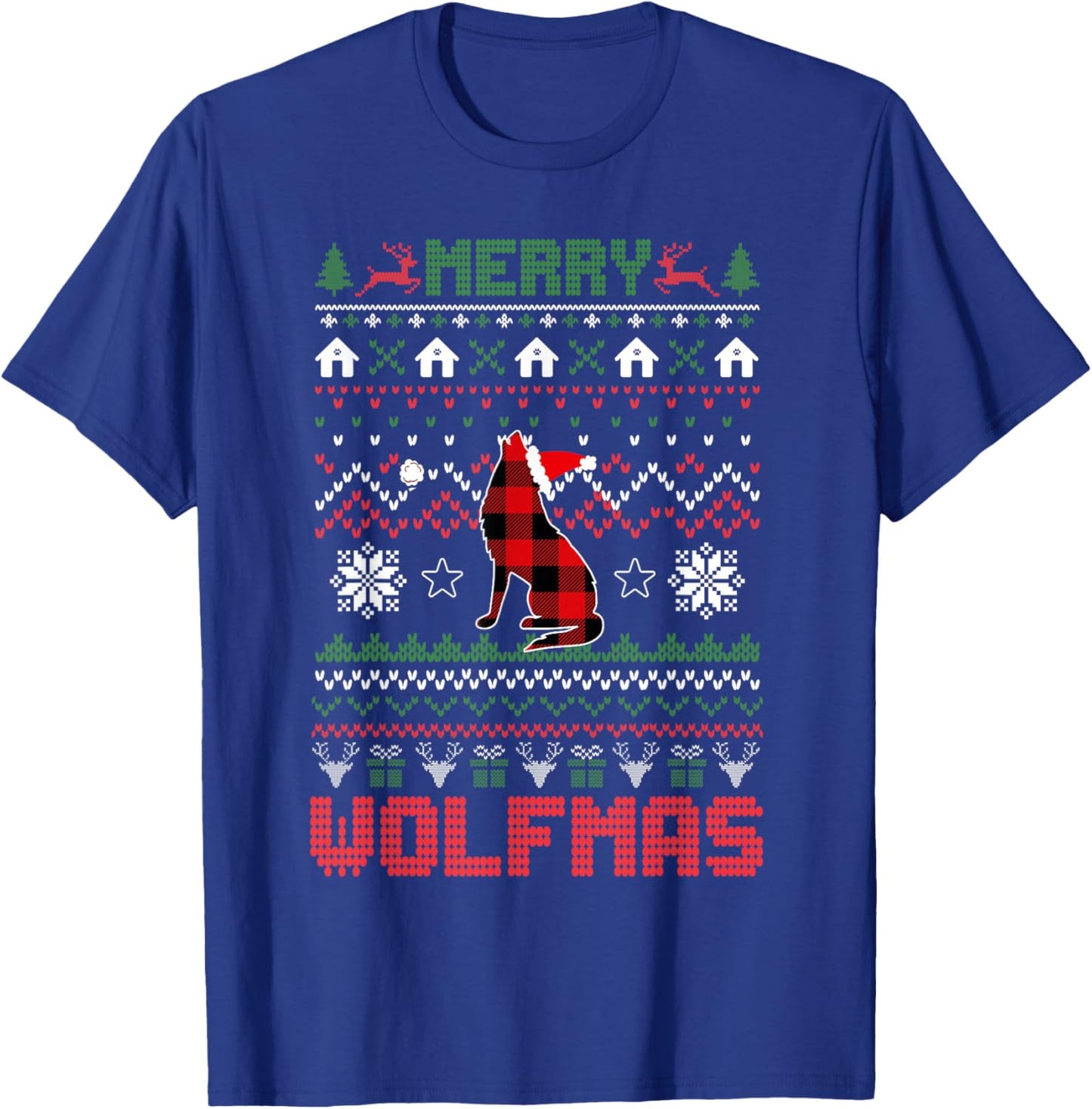 Funny Merry Wolfmas Ugly Christmas Sweater wolf Red Plaid T-Shirt - T-Shirt | Royal