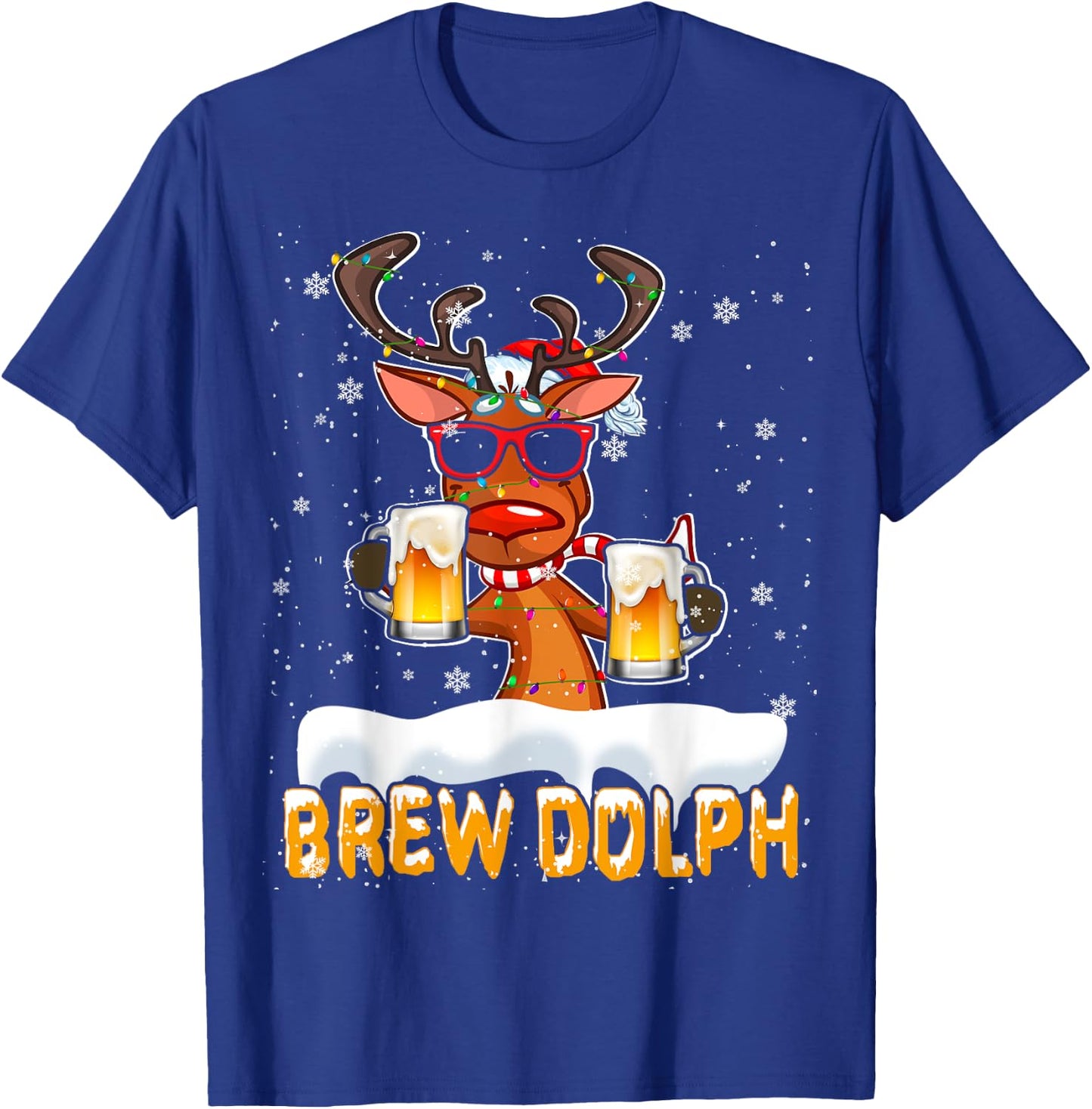 Brew Dolph Christmas Lights Santa Reindeer Beer Drinking T-Shirt - T-Shirt | Royal