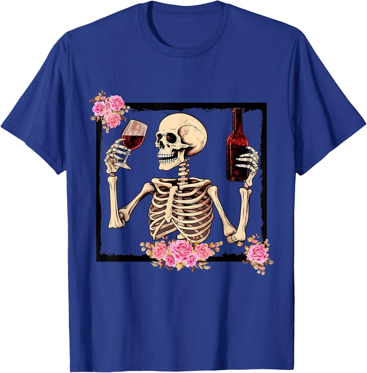 Halloween Funny Hallo-Wine Floral Skeleton Drinking Wine T-Shirt - T-Shirt | Royal
