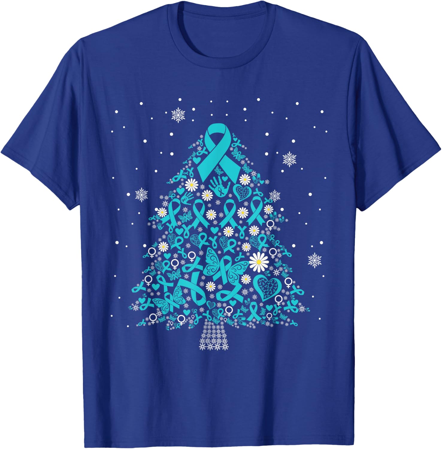 ovarian cancer awareness Christmas tree teal ribbon T-Shirt - T-Shirt | Royal