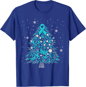 ovarian cancer awareness Christmas tree teal ribbon T-Shirt - T-Shirt | Royal