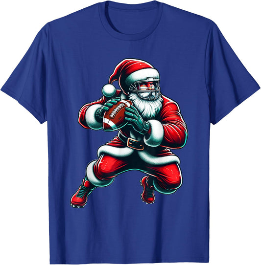 Santa Playing American Football Christmas Women Men Kids T-Shirt - T-Shirt | Royal