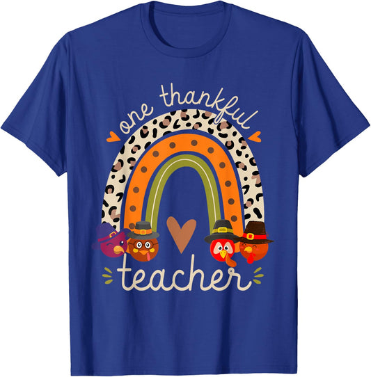 One Thankful Teacher Thanksgiving Turkey Rainbow Fall Funny T-Shirt - T-Shirt | Royal