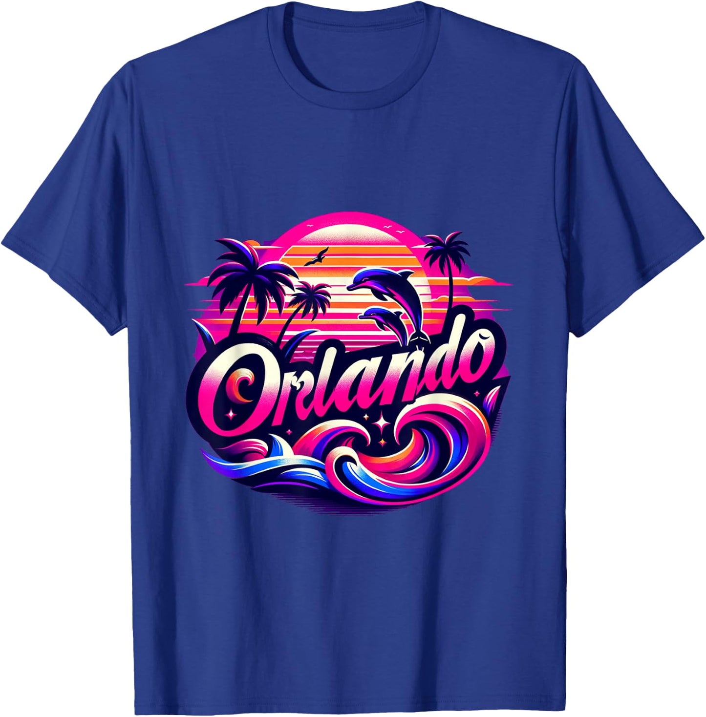 Orlando Beach, Florida with dolphins and palm trees. T-Shirt - T-Shirt | Royal