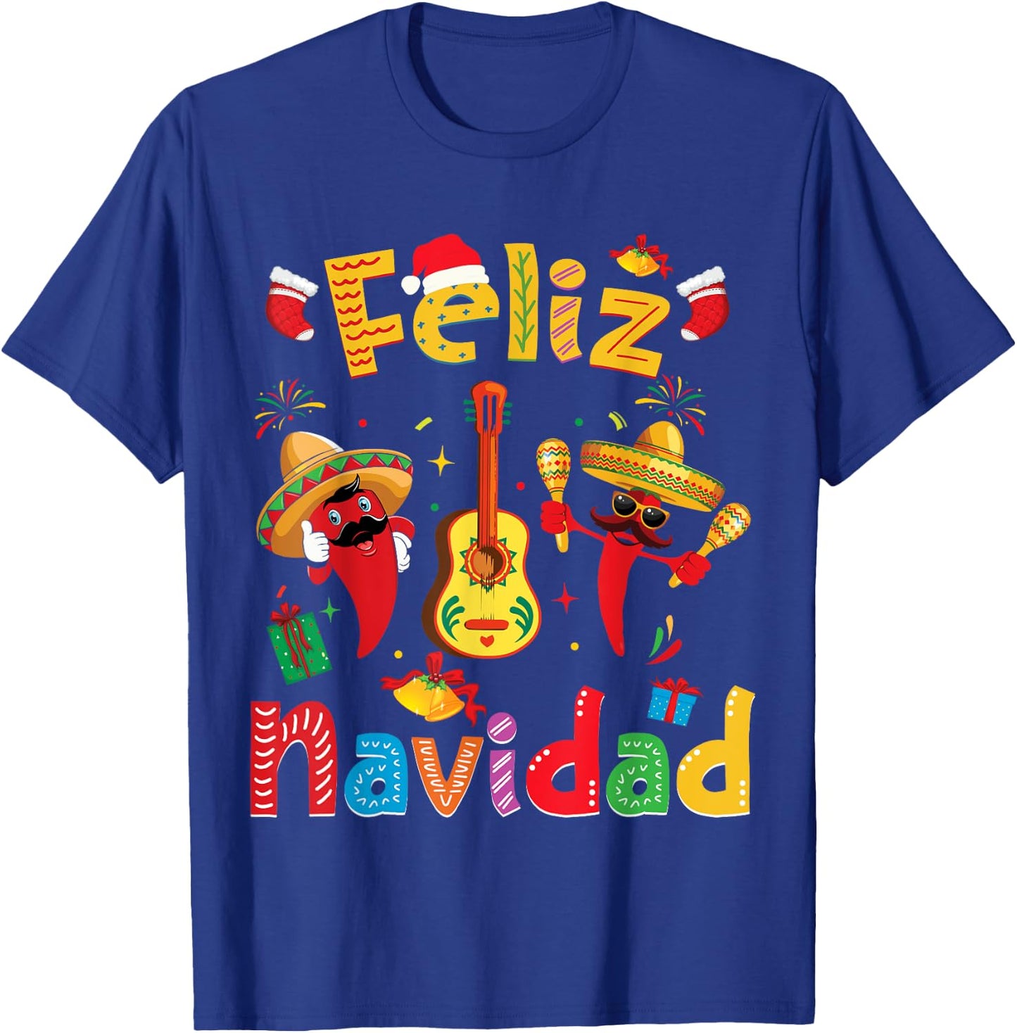 Feliz Navidad Mexican Fiesta Hot Pepper Guitar Xmas Party T-Shirt - T-Shirt | Royal