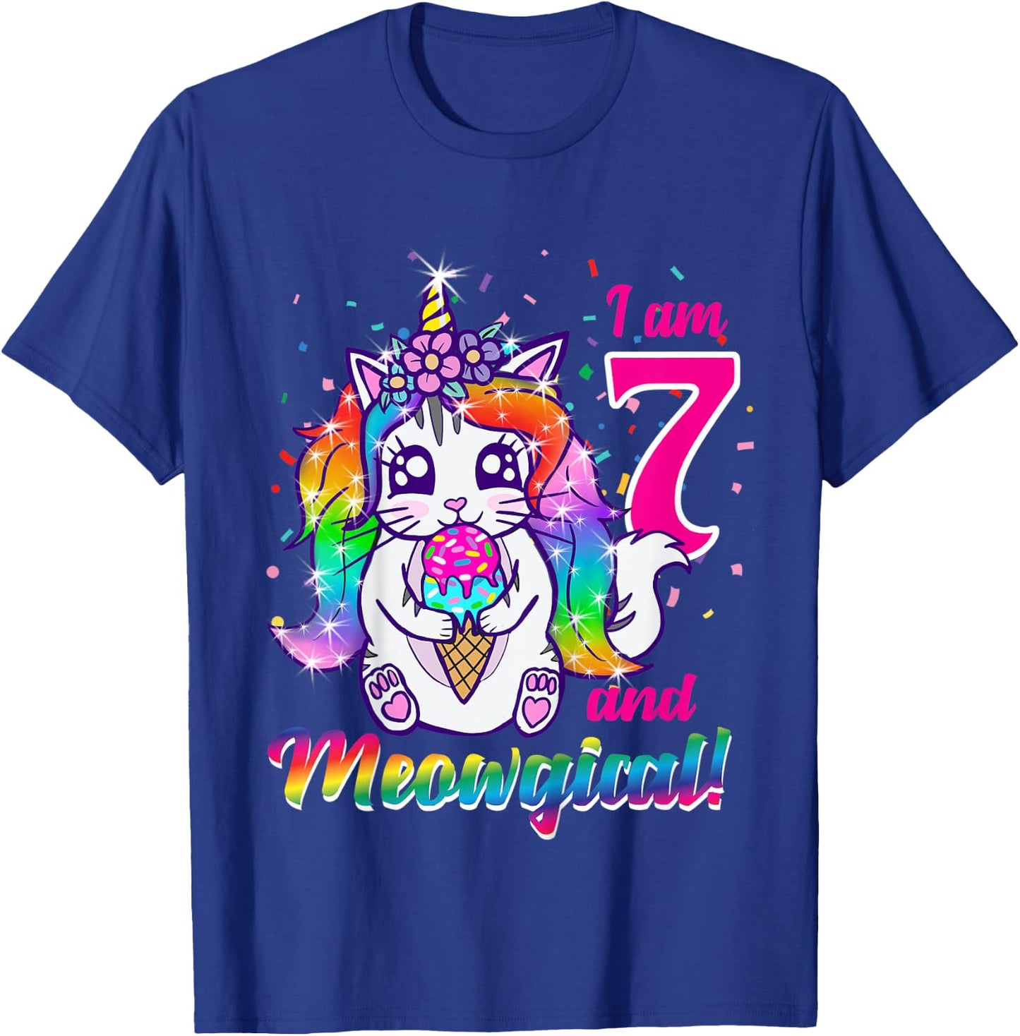 Kids I am 7 and meowgical caticorn kittycorn birthday theme party T-Shirt - T-Shirt | Royal