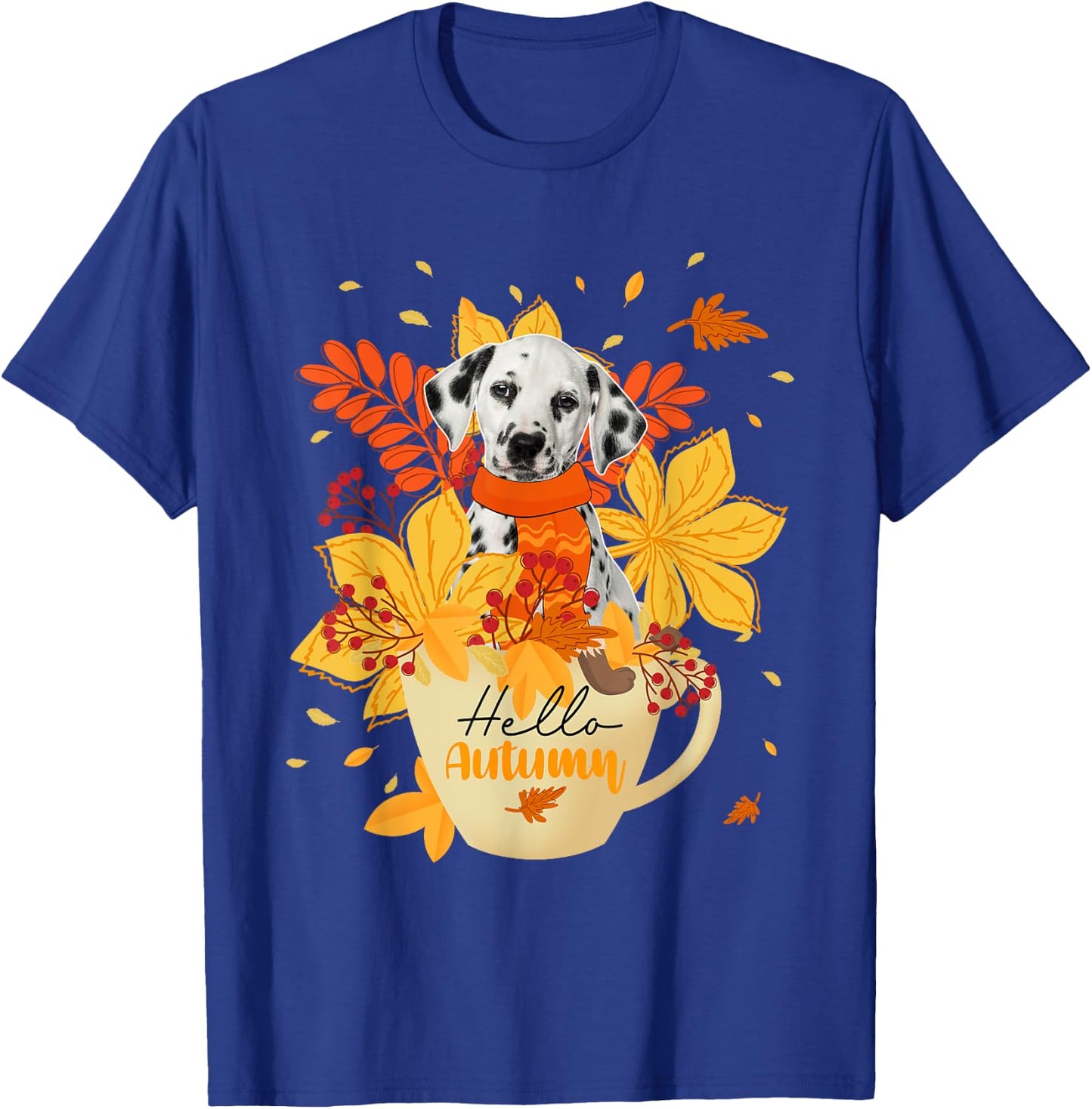 Hello Autumn Thanksgiving Dalmatian Inside Cup Fall Leaves T-Shirt - T-Shirt | Royal